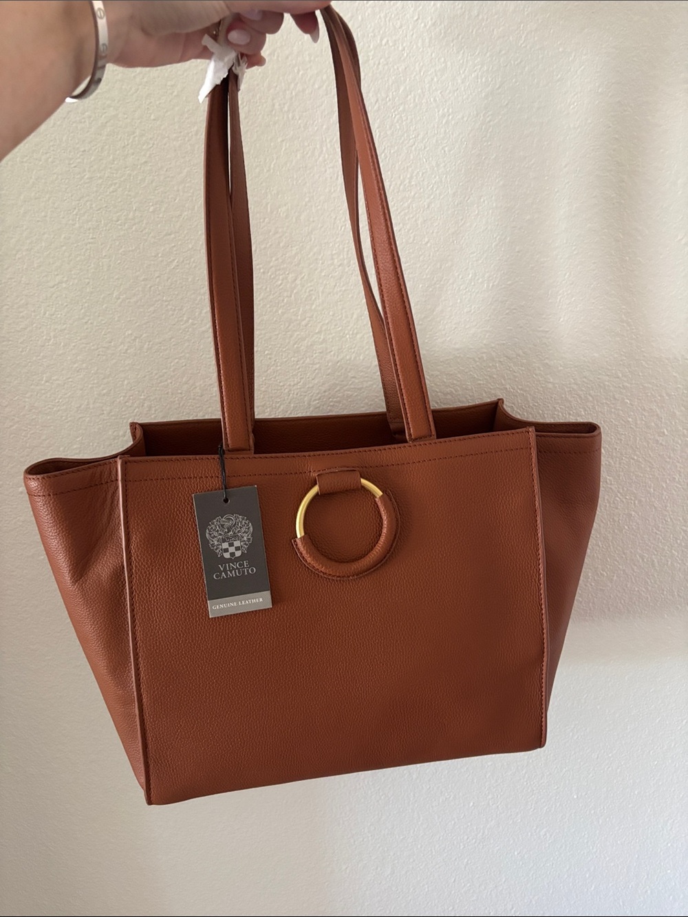 Vince Camuto Cognac Leather Tote with Gold Ring Detail